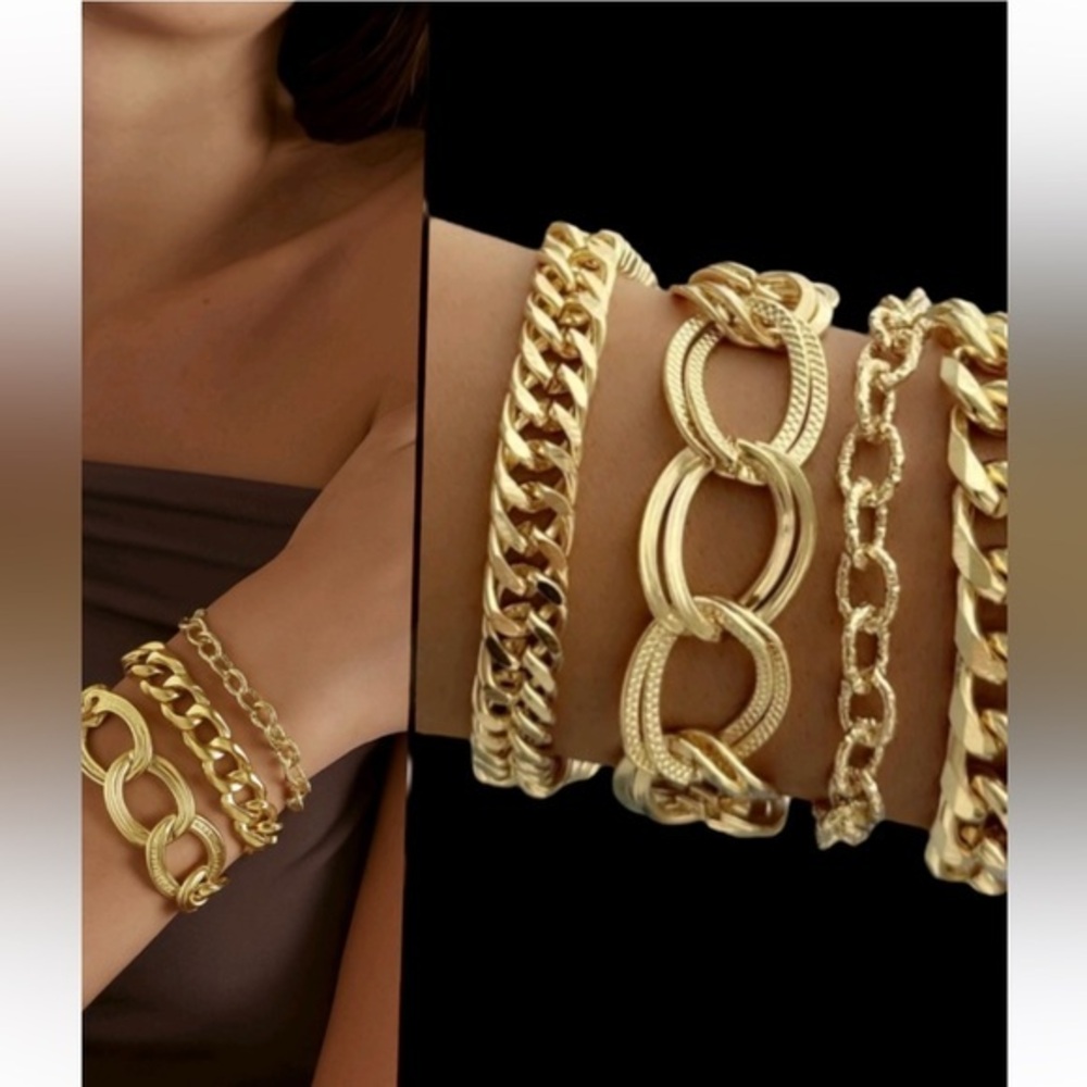 Chunky Bracelets 14K Gold Plated lot- Set of 4 Classy Chains